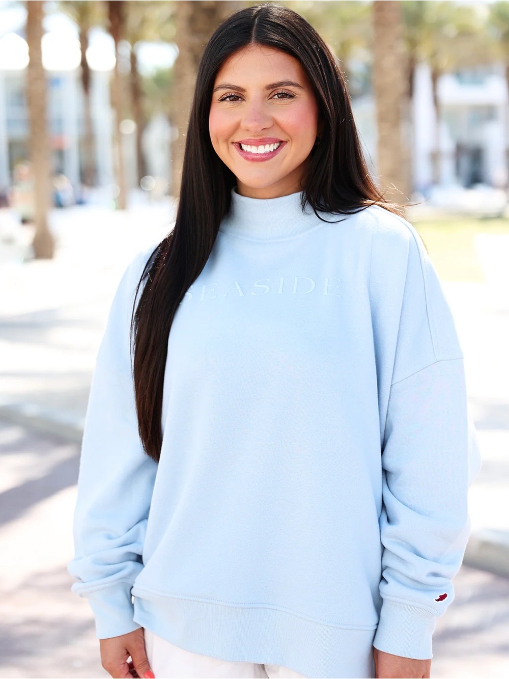Seaside Style Light Blue Oversized Mock Neck Sweatshirt
